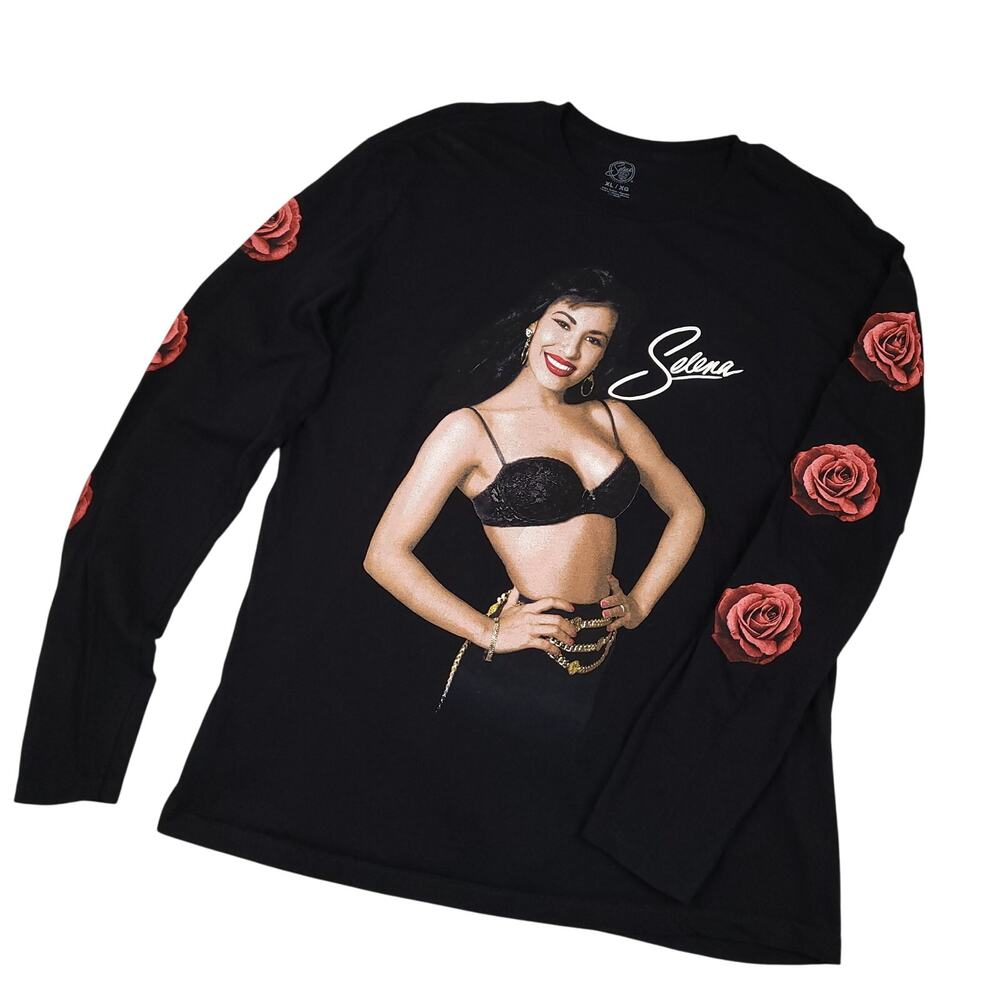 Official Selena Long Sleeve Graphic Print T-Shirt Sz XL Rose Sleeves Black EUC